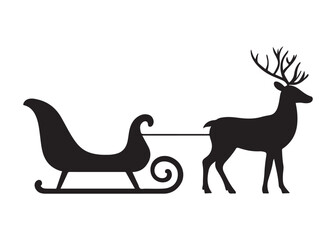 santa flying in sleigh with reindeer logo silhouette vector, santa's sleigh silhouette vector illustration, christmas night sky sleigh and reindeer flying logo silhouettes vector on white background
