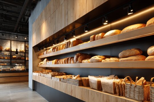 Modern bakery interior with freshly baked artisan bread loaves displayed on wooden shelves