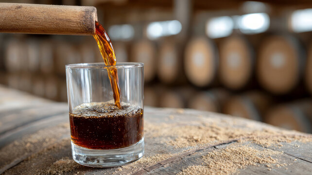 Whiskey being poured into a glass on a barrel.