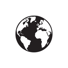 A simple black and white depiction of the earth globe showing continents on a plain white background