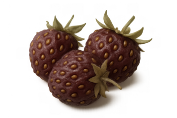 Three overripe organic strawberries with green hulls, showing potential food waste or spoilage, transparent background