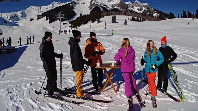 This joyful video captures a group of friends enjoying a sunny day on the slopes. Dressed in colorful ski gear, they share laughs and warm drinks amidst breathtaking snowy mountain scenery.