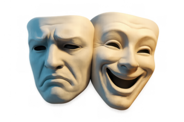 Theater masks representing comedy and tragedy, symbolizing duality of human emotions on transparent background