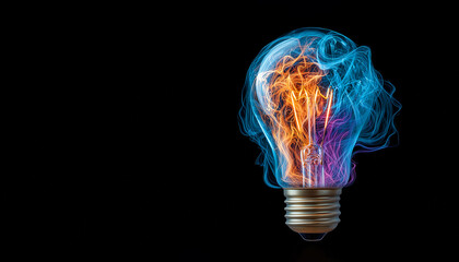 Colorful glowing light bulb on black background, creative brainstorming visualization, symbol of bold and creative thinking, copy space