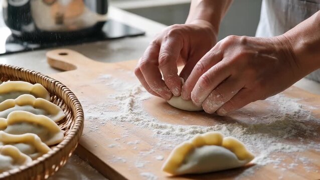 Hands Preparing Dumplings in a Kitchen Setting
