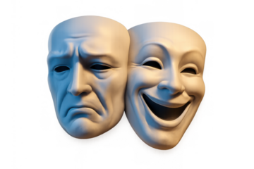 Two white theater masks depicting happy and sad emotions, symbolizing comedy, tragedy, and the duality of human feelings. Transparent background