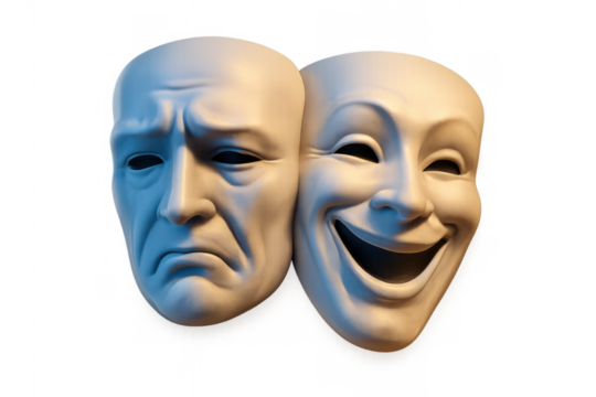 Two white theater masks depicting happy and sad emotions, symbolizing comedy, tragedy, and the duality of human feelings. Transparent background
