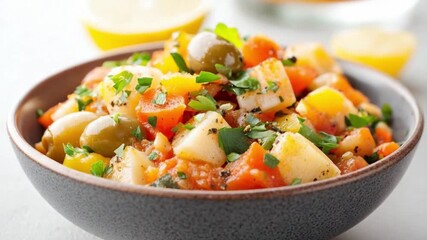 Mediterranean Vegetable Delight: A vibrant bowl showcasing the fresh flavors of a Mediterranean vegetable medley. Experience the tastes of sun-ripened tomatoes, sweet peppers, tender potatoes.