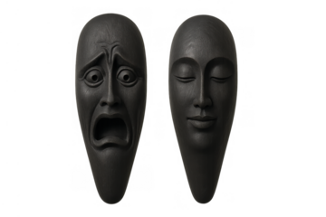 Dark grey masks illustrating contrasting human emotions of deep sorrow or tragedy and serene calm or comedy