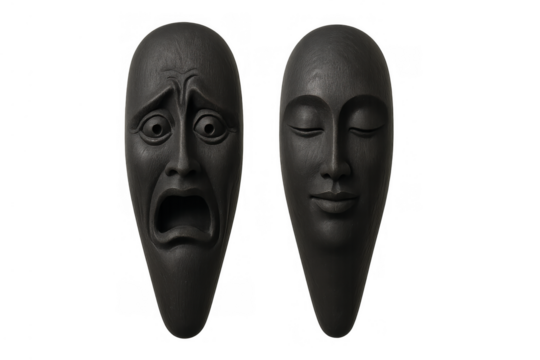 Dark grey masks illustrating contrasting human emotions of deep sorrow or tragedy and serene calm or comedy