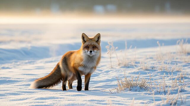 Steady fox paused watchfully on snowy plain beneath warm golden sunset