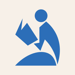 Blue figure reading book on light background abstract character