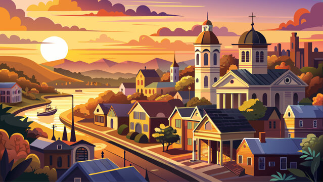 Very beautiful sunset view of Natchez, Mississippi, USA, featuring warm golden light illuminating a historic church and the surrounding downtown landscape, highlighting charming architecture and seren