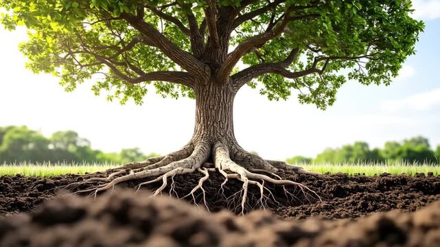 A majestic tree displays its vast root system and lush green foliage, basking in sunlight