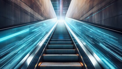 Obraz premium escalator in concrete tunnel with glowing digital data stream overlay
