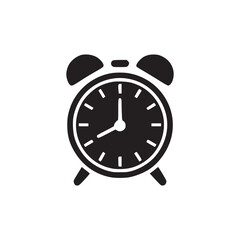 A simple black and white illustration of a classic alarm clock with two bells on top and two legs