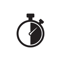 A simple black and white illustration of a stopwatch with the right side filled in with black color