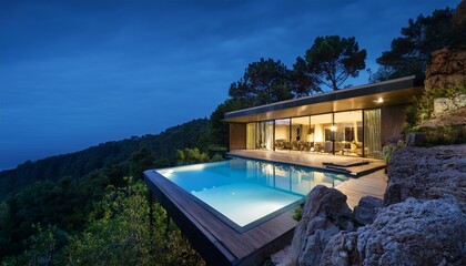 modern villa with pool on a cliffside at night surrounded by lush trees