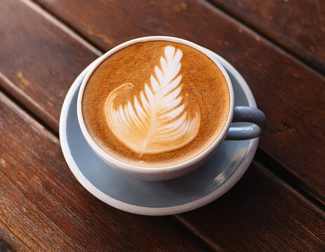 a cup of latte art coffee with a leaf design on a wooden table - Powered by Adobe