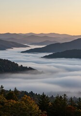 Fototapeta premium Dense morning fog rolling over layered mountain ridges creating a peaceful, mystical atmosphere during sunrise hours in autumn, wilderness, natural beauty, hazy
