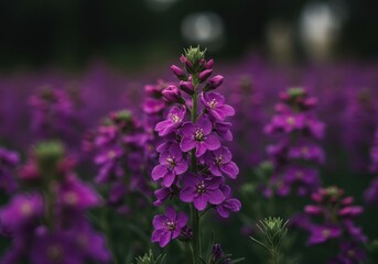 Fototapeta premium Close up of beautiful vibrant purple stock flowers blooming densely in a spring garden setting with soft natural light, beautiful, magenta, botany study