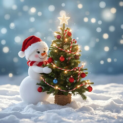 Obraz premium Festive Cute Snowman and Christmas Tree Winter Illustration