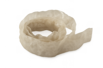 Beige sheer fabric ribbon swirling in an elegant wavy pattern, creating soft delicate texture on transparent background