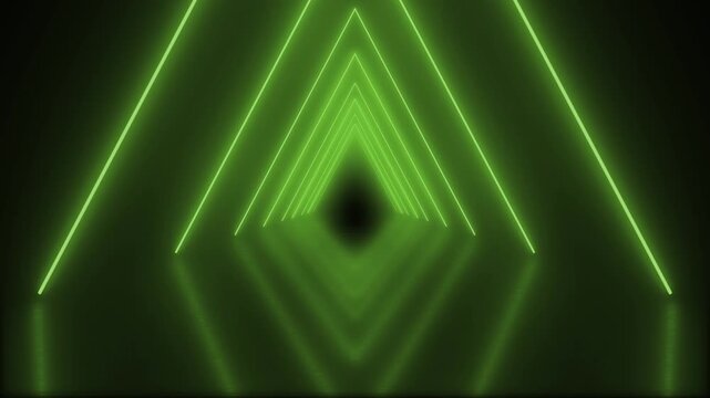 80s retro infinity tunnel of cool electric lime green triangles of neon light beams in an seamless endless loop animated motion background with reflections 4K animation wallpaper backdrop