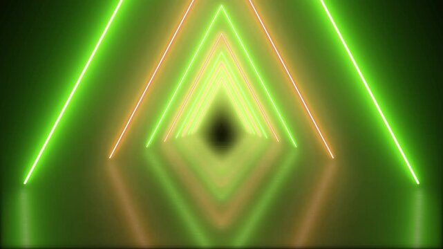 gradual colour changing looping neon laser disco infinity light tunnel glowing lights in a triangle chevron pyramid shape arch seamless moving forward in an endless graphic title animation 4K