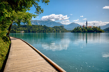 Lake Bled, Slovenia – July 22, 2025: Scenic views of Bled Island and its iconic Church of the...