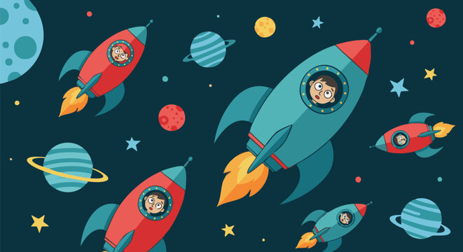 Cartoon illustration of rockets soaring through outer space. Children inside the spacecraft are exploring planets and stars