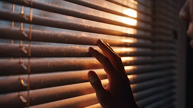 Golden sunlight streams through blinds as fingers adjust them, creating a warm and inviting morning scene with a sense of hope and anticipation