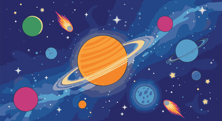 Naklejka premium Colorful cartoon of outer space with planets, stars and comets