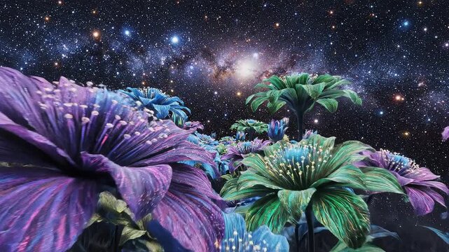Surreal alien flora blooming under a starry cosmic sky.