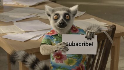 Un lémur con camisa hawaiana sostiene un cartel que dice ‘subscribe!’ mientras gesticula entre montones de papeles sobre la mesa.