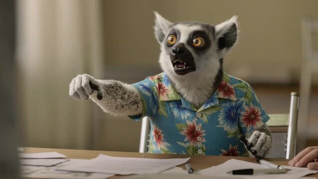 Un l&eacute;mur con camisa hawaiana sostiene un cartel hecho a mano que dice &lsquo;Subscribe!&rsquo; mientras se sienta entre documentos y bol&iacute;grafos.