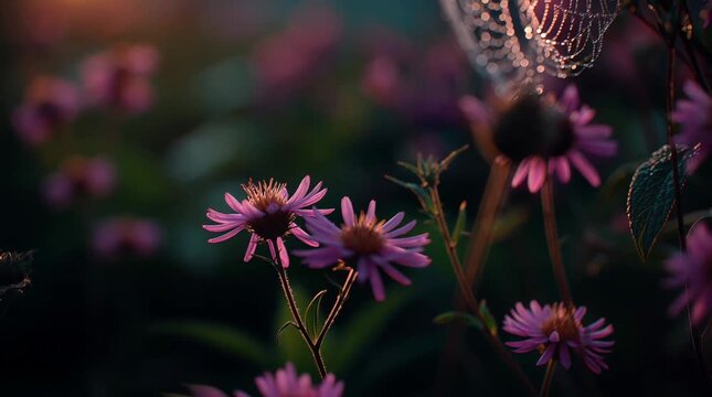 Flores rosadas iluminadas por el amanecer acompa&ntilde;an una telara&ntilde;a cubierta de roc&iacute;o que brilla con la luz c&aacute;lida del sol.