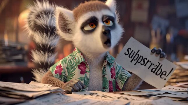 Un l&eacute;mur animado sostiene un cartel mal escrito mientras gesticula emocionado entre montones de papeles en un ambiente c&aacute;lido y ca&oacute;tico.