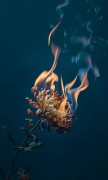 Una flor marchita arde con llamas suaves que iluminan sus p&eacute;talos retorcidos sobre un fondo oscuro y profundo.