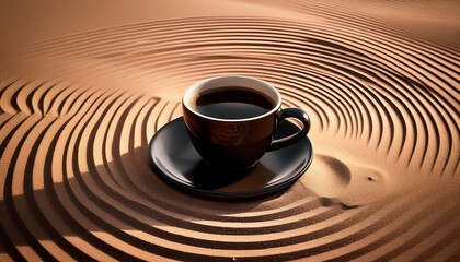 black coffee cup on saucer placed on patterned sand with concentric ripples