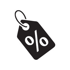 A black price tag with a percentage sign on a white background in a minimalist style graphic design