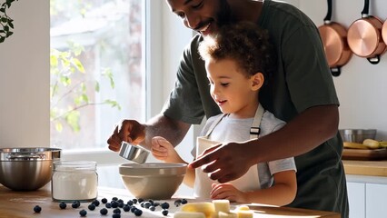 Father and Son Cooking Together in a Bright Kitchen