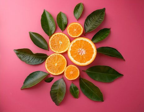 orange slices and leaves on a vibrant pink background - Powered by Adobe