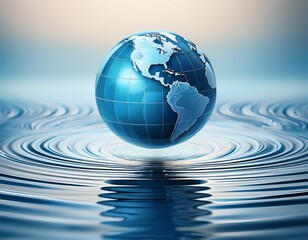 a blue globe floating above rippling water waves on a light background