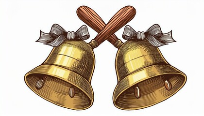 pair of handheld bells with wooden handles isolated hand drawn