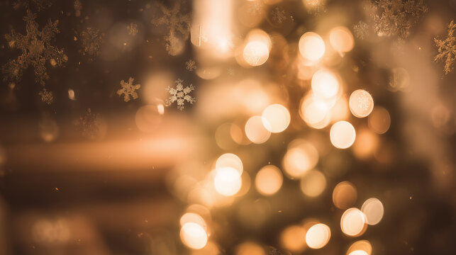 Soft glowing holiday bokeh background with golden tones and floating snowflakes. Warm Christmas atmosphere, abstract festive backdrop - Powered by Adobe