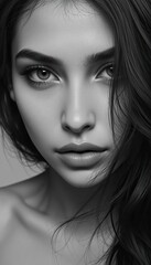 Fototapeta premium A black-and-white portrait of a young woman with a thoughtful look, resting her chin on her hand. Wavy hair, soft light — the epitome of introspection and inner beauty.