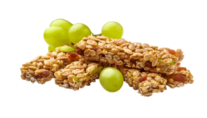 Energy bars with raisins and green grapes on transparent background