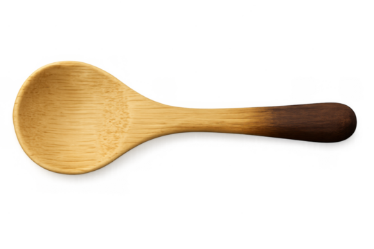 Wooden cooking spoon made from bamboo, featuring a light bowl and a dark handle. Essential kitchen utensil for food