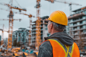 A man in a yellow hard hat stands in front of a construction site